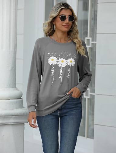 EADINVE Women Daisy Print Sweatshirts Crewneck Long Sleeve Pullover Tops - color: Grey, size: X-Large