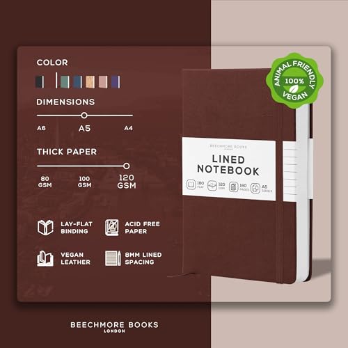 BEECHMORE BOOKS A5 5x8 Lined Leather Journal For Men, 120 GSM with Gift Box - color: Chestnut Brown, size: A5 - 5.8" x 8.3" Medium