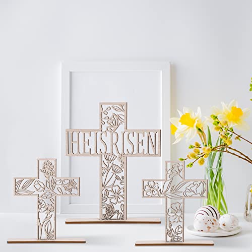 3 Pcs Easter Centerpieces for Table He Is Risen Sign Easter Cross Wooden Decor Religious Tabletop Wall Cross Christian Decorations for Home Easter Rustic Cross Art Easter Table Top Cross, 9.8'', 7.9''
