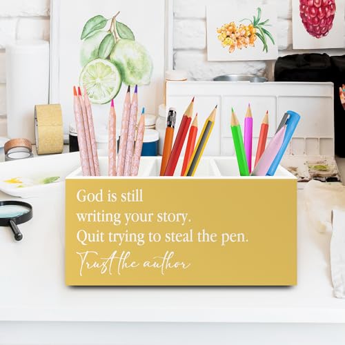 Yellow Christian Inspirational Pen Pencil Holder Organizer for Desk, Christian Office Decor, God Is Still Writing Your Story Bible Verse Wooden Box Sign for Office Home Desk Tabletop Decorations - color: colour52