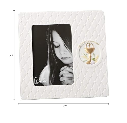 Roman 8" H White Quilted First Commion Virtical Picture Frame, Religious Gifts