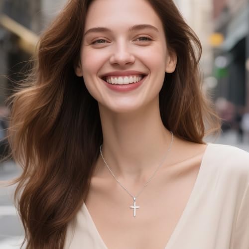Minimalist Cross Necklace 925 Sterling Silver Dainty Pendant with Zircon Tail Chain Simple Religious Jewelry Gift for Women - color: silver