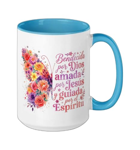 Bendecida Por Dios Amada Por Jesus Christian Spanish Floral Ceramic Mug, Blue/White, 15oz - color: Blue/White, size: 15 Ounces
