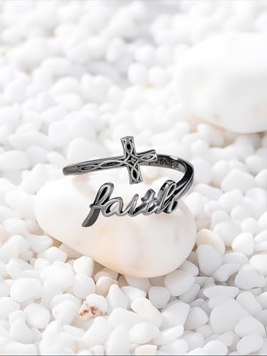 Cross Rings Faith Ring 925 Sterling Silver Adjustable Cross Wrap Ring Christian Fashion Band for Women - color: C-Black Gold
