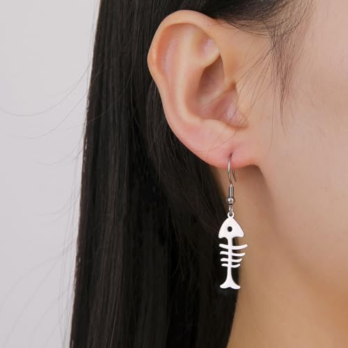 UNIFT Fishbone Earring for Women Stainless Steel Minimalist Fish Skeleton Pendant Earring Ocean Animal Jewelry Gift for Fish Lovers - color: silver