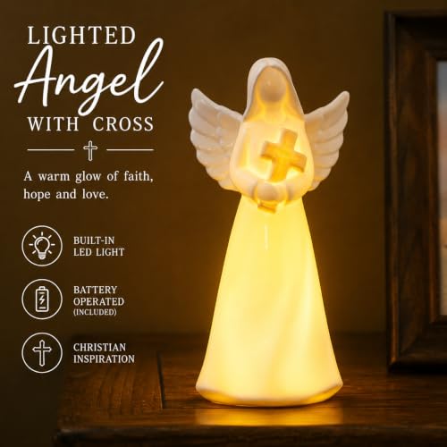 ADAVAS.Y&G Lighted Ceramic Angel Figurine with Cross, 7 Inch LED Christian Angel Decor, Battery Operated Religious Gift for Women, Faith Inspirational Home Decor - color: White With Brown