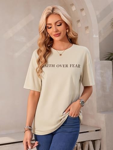 Faith Over Fear Shirt for Women Graphic Shirts Oversized Graphic Christian Tshirts Tees Tops - color: Apricot, size: X-Large