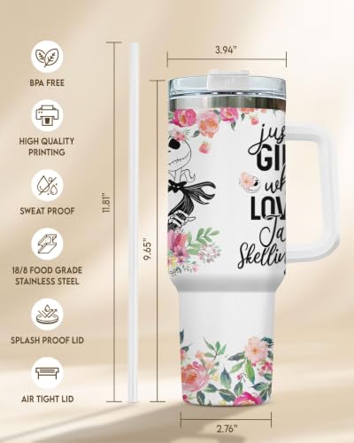 Skull Rose Tumbler 40oz with Handle and Straw, Goth Girl Gift Her - color: Flower Skeleton