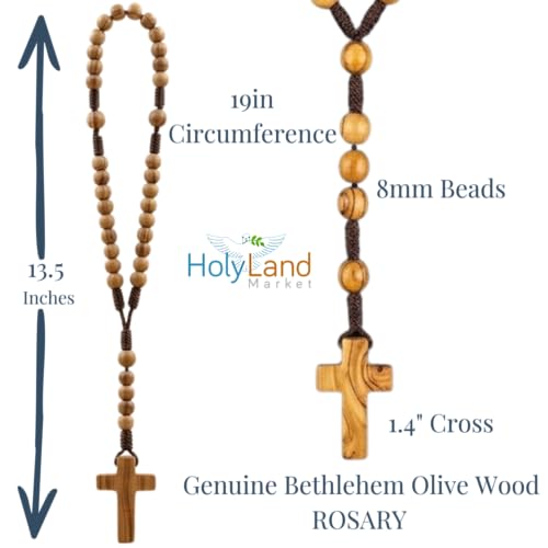 Holy Land Market Catholic Olive Wood Rosary for Men and Women - Hand-Carved Wooden Beads from Bethlehem, with Certificate & Lord's Prayer Card and Pouch, Corded Rosary best for First Communion or Confirmation