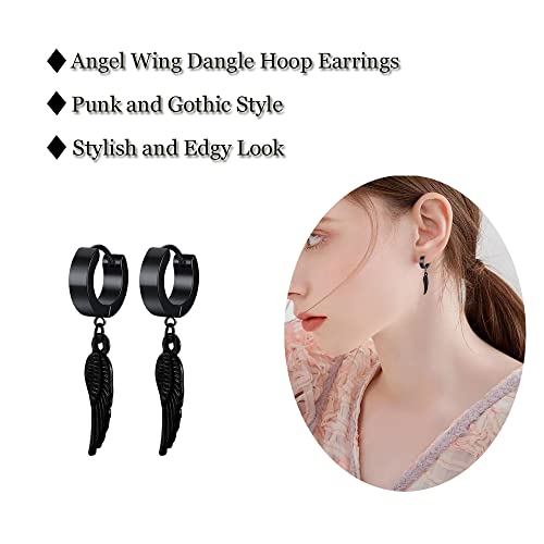Unisex Punk Hip Hop Stainless Steel Silver Black Gold Tone Lock Thunder Lightning Bolt Dangle Huggie Hoop Earrings Gift for Women Men Boy Teens - color: Black-Angel Wing