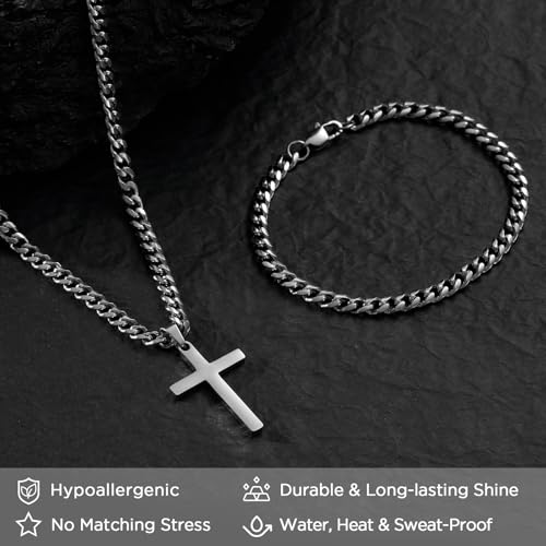 NORBU Stainless Steel Cross Necklace and Bracelet Set for Men, Cuban Link - color: Silver Cuban