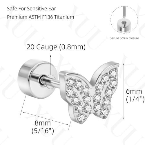 XUU 20G Flat Back Stud Earrings ASTM F136 Titanium & Sparkling CZ - color: silver butterfly