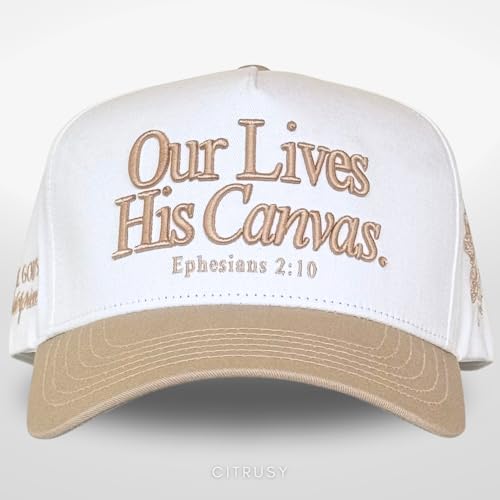 Vintage Faith & Forever Trucker Hat | Men & Women | Christian Cross Jesus Hats | Bachelorette Bride Hat | Cotton | Snapback - color: Our Lives, His Canvas | Taupe