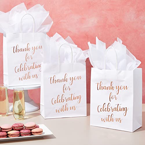 Sparkle and Bash Wedding Welcome Bags Rose Gold - 15-Pack Medium 10x8x4 in Rose Gold Foil Paper with Handles - Bridal Shower Thank You Gift Bag With Tissue Paper & Party Favor - color: White, Rose Gold