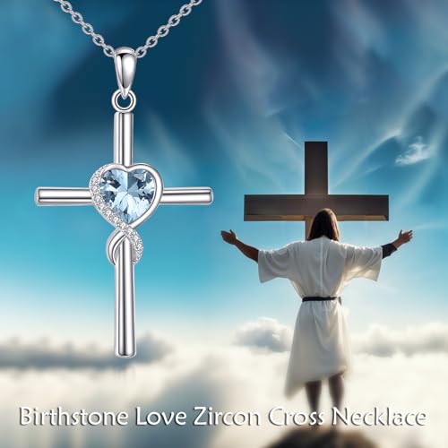 S925 Sterling Silver Cross Necklace for Women Birthstone Necklace Heart Infinity Cross Pendant Necklace Christmas Valentines Day Gifts Birthday Holiday Gifts for Her, 18"+2" Inches - color: 03-Mar Birthstone - Aquamarine