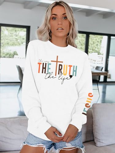 Christian Sweatshirt Women Bible Verse Pullover Religious Faithful Shirt - color: White, size: Medium