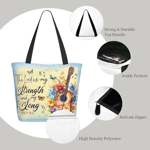 Tote Bag for Women Reusable Shopping Tote Bag Zippered Inspirational Scripture Shoulder Bags - color: Gitar Bible