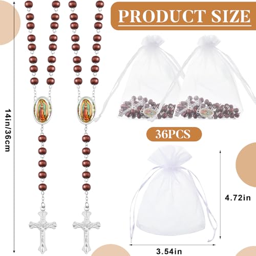 Taiyin 36 Pcs Wooden Bead Rosary Necklace with Crucifix and Our Lady of Guadalupe Scented First Communion Rosary with 36 Organza Bags Baptism Favors Catholic Gift for Men Women - color: Brown