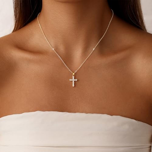 Amicon Gold Cross Necklace for Women Dainty 14K Gold Plated Diamond Cross Pendant Necklace Simple Charm Cross Necklaces Faith Trendy Jewelry Gifts - style: Round Diamond Cross Necklace-GD