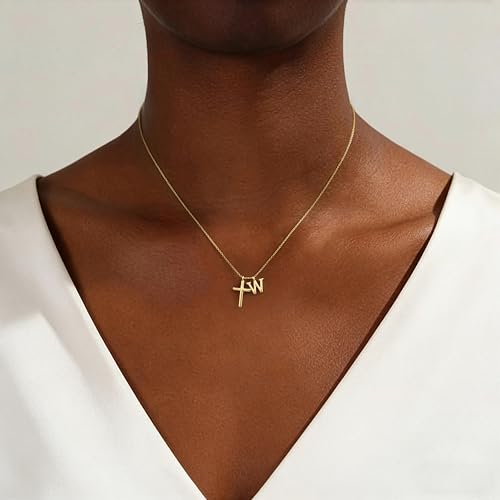 Cross Initial Necklace for Women, 14K Gold Plated Dainty Cross & Letter(A-Z) Pendant Necklace, Personalized Monogram Letter Christian Jewelry,Baptism First Communion Confirmation Easter Gift - color: W