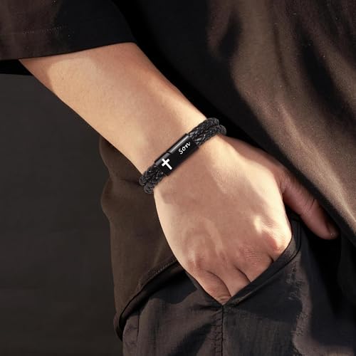Christian Gifts for Mens Jewelry Black Double Layer Leather Cross Bible Verse Bracelets for Men, Teen Boys Religious Baptism Confirmation Gifts for Son Grandson Brother Teenages Gift Ideas - color: Son from Mom(8.27 Inch)