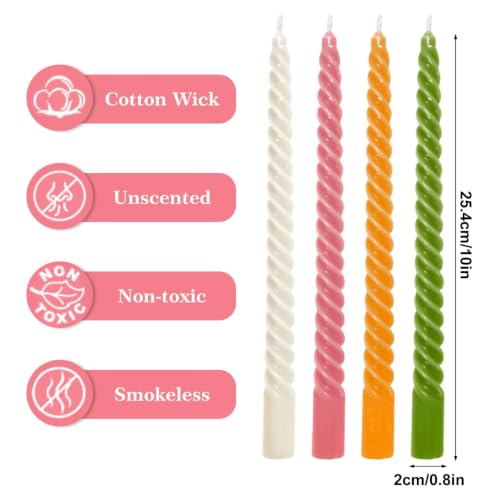 Whaline 8 Pcs Spiral Taper Candles White Pink Orange Green Dripless Twisted Wax Candles 10 Inch Long Unscented Candle Sticks for Spring Holiday Dinner Party Wedding Home Kitchen Table Decor - color: Spring