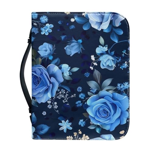 Blue Rose Flowers Print Cross Bible Cover for Women Men, Bible Case Bag with Top Handle PU Leather Bible Carrying Case for Church - color: Blue Rose Flowers, size: 2X-Large