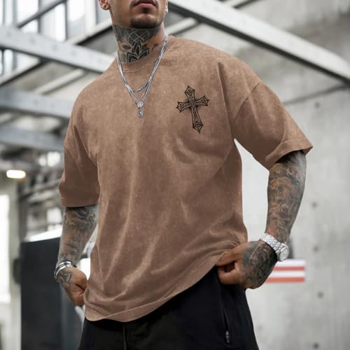 Vintage Goth Punk Shirts for Men Grunge Streetwear Oversized Tshirts Gothic Cross Graphic Tees Y2k Acid Wash T Shirt - color: Coffee, size: Medium