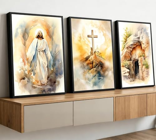 3Pcs Jesus Canvas Wall Art Bible Stories Wall Decor God Resurrection Ascension Painting Pictures Empty Tomb Cross Poster Prints for Bedroom Prayer Room Church Easter Home Decoration 16X24 - color: Poster, size: 16x24in