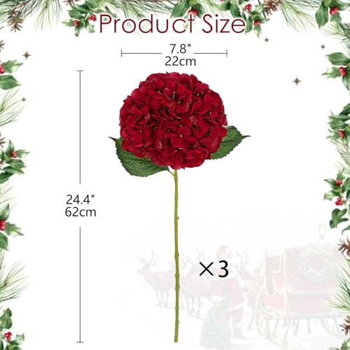 Hollyone 3Pcs Christmas Red Hydrangea Artificial Flowers 7.8inch Burgundy Hydrangeas Glitter Faux Hydrangea Flowers with Stems Fake Flower Arrangements Bouquets Floral Party Xmas Home Decor Large - color: Large