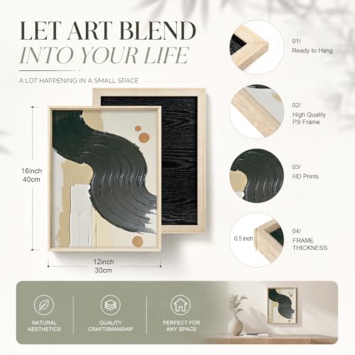 HOURIA Black Beige Abstract Neutral Framed Canvas Wall Art Set-12"x16"x3 - color: Abstract Beige Black Wall Art, size: 12"L x 16"W