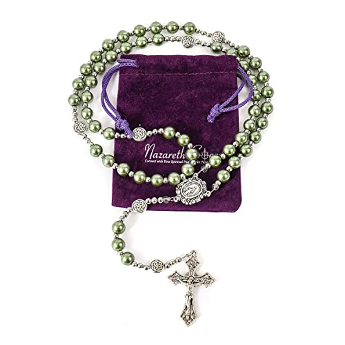 Nazareth Store Pearl Beads Rosary Miraculous Prayer Necklace Strong Metal Mystery Beaded Rosary for Men & Women - color: Green