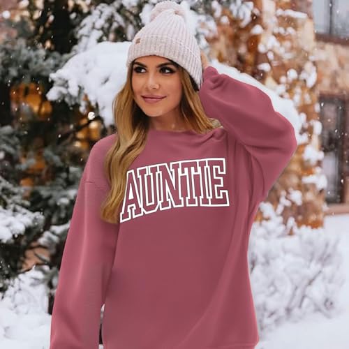 Womens Auntie Sweatshirt Auntie Letter Print Crewneck Long Sleeve Pullover Top Women Embroidered Sweatshirt - color: Pink, size: Large