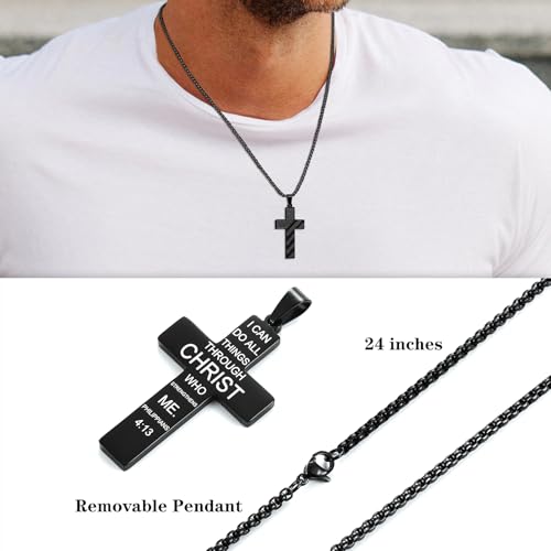 RWQIAN American Flag Cross Necklace for Men Bible Verse, Christian Religious Scriptures Faith Baptism 1st First Communion Pendant Chain for Boys, Fathers Dad Day Graduation Jewelry Gifts for Him - color: Black, style: Always Remember