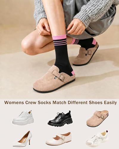 6 Pairs Crew Socks for Women, Soft Cute Funny Cotton Socks - color: Pink Noir