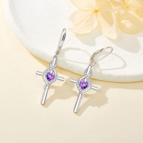 ONEFINITY Cross Earrings for Women 925 Sterling Silver Cross Birthstone Dangle Drop Earrings Infinity Cross Religious Jewelry Gifts for Women - color: 02-Feb-Created Amethyst