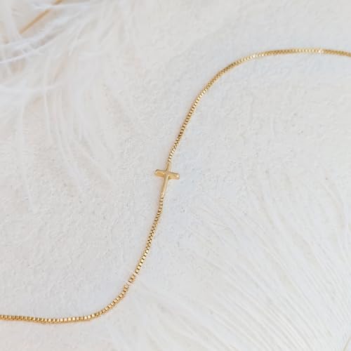 LULII Cross Necklace for Women Dainty 14K Gold Silver Plated Small Cross Pendant Choker Simple Cute Cross Gold Necklace for Women Trendy Faith Jewelry Gift - color: Sideways Cross Box Chain-Gold