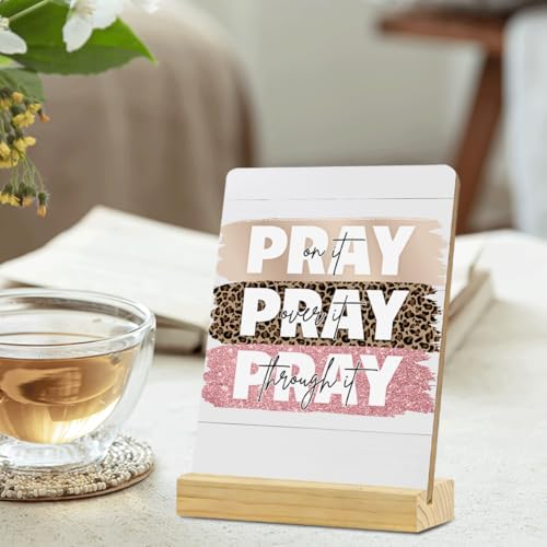 Pray Quote Desk Decor Rustic Plaque with Wood Stand, Colorful Leopard Print Pray on It Christian Decor, Decorative Wood Sign for Home Office Shelf Decor - color: PRAY