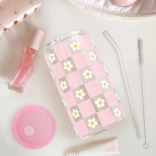 SANDJEST Checkerboard Daisies Glass Can, Floral Checker Cup with Lid & Straw, Iced Coffee Aesthetic Cups, Gift for Christmas Birthday Mother Day, Gifts for Women, 16oz - color: Checker Daisy