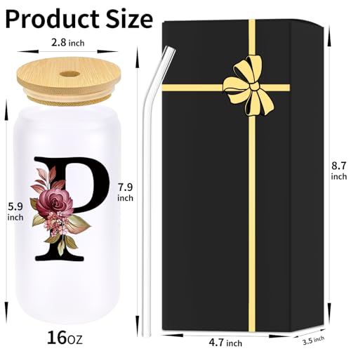 Monogrammed Glass Drinking Cup With Lid Straw Women Teacher Coworker Assistant Principal Christmas Paraprofessional Administrative Professional It Hr Admin Day Gift French Nursing Spanish Swim Latin,P - style: Letter P
