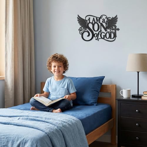 CUMMOSP Metal Teen Boy Room Wall Decor - I Am a Son of God Wall Art Sign, Christian Faith Decor with Cross & Wings, Motivational Bible Verse Decor for Boys Bedroom, Playroom, Living Room, Bathroom - color: black-