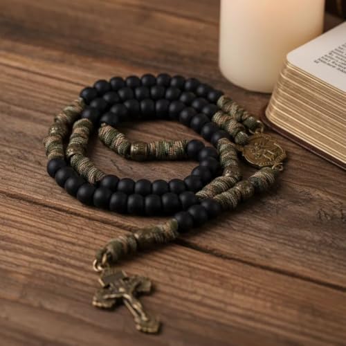 Nazareth Store St Michael Paracord Rosary Beads Rugged Rosary Necklace Strong Corded Catholic Pardon Crucifix - color: Black
