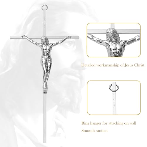 KUXBET Crucifix Wall Cross, Metal Wall Hanging Cross,10inch Silver Jesus Crucifix Home Décor, Gift for Family - color: Silver, size: 10"L x 5"W