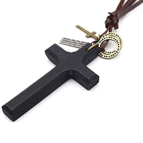 LNKRE JEWELRY Cross Necklace for Men with Leather Chain Vintage Look Wood Necklace - color: Black