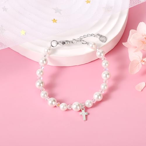 Pearl Cross Bracelets for Girls, Sterling Silver Baby Bracelet, Baptism Gifts for Girl, Christening and First Communion Christian Jewelry Gift for Kids