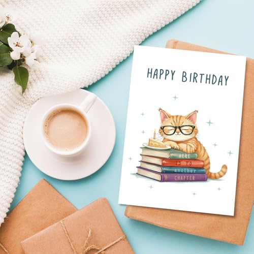 Cute Birthday Card for Cat Lover, Funny Birthday Card for Sister Brother Best Friend Family, Book Bday Card for Men Women, Here Is To Another Chapter - color: Cat Birthday