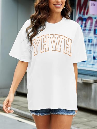 MNLYBABY YHWH Oversized Shirt Women Christian Tshirts Jesus Faith Inspirational Casual Tee Tops - color: Raw White, size: Large
