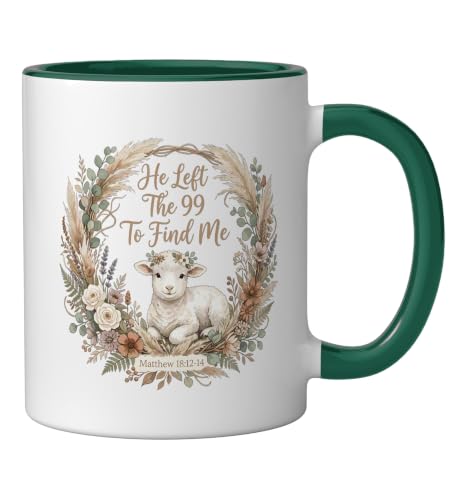 He Left the 99 to Find Me Christian Lamb Bible Verse Matthew Ceramic Mug, Dark Green/White, 11oz - color: Dark Green/White, size: 11 Ounces