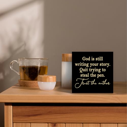 God Is Still Writing Your Story Black Yellow Wood Box Sign Desk Decor 5X5, Christian Scripture Bible Verse Prayer Room Decor Block Sign Decorations for Home Office Wall Tabletop Shelf - color: Colour 14, size: 5 x 5 in