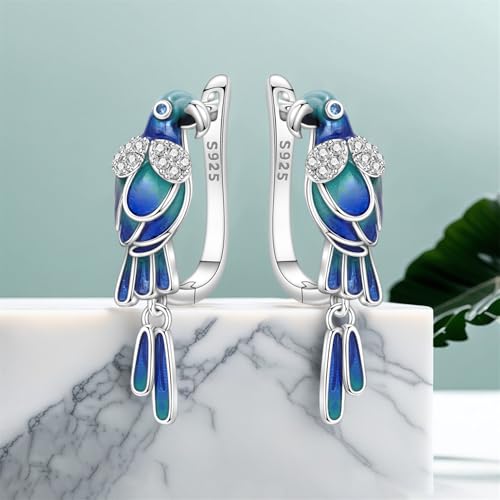 925 Sterling Silver Drop & Dangle Earrings for Women,Butterfly Dragonfly and Bee|Flower and leaf Earrings, Suitable for Sensitive Ears Fashion Jewelry Gift- Hypoallergenic Earrings - color: Blue green parrot